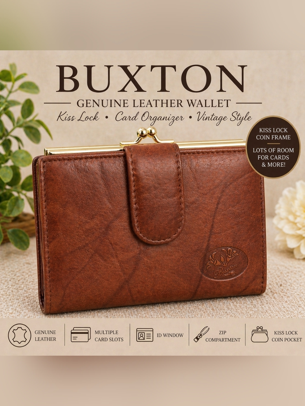 Buxton Brown Leather Kiss Lock Wallet Vintage Style Multi Compartment Organizer
